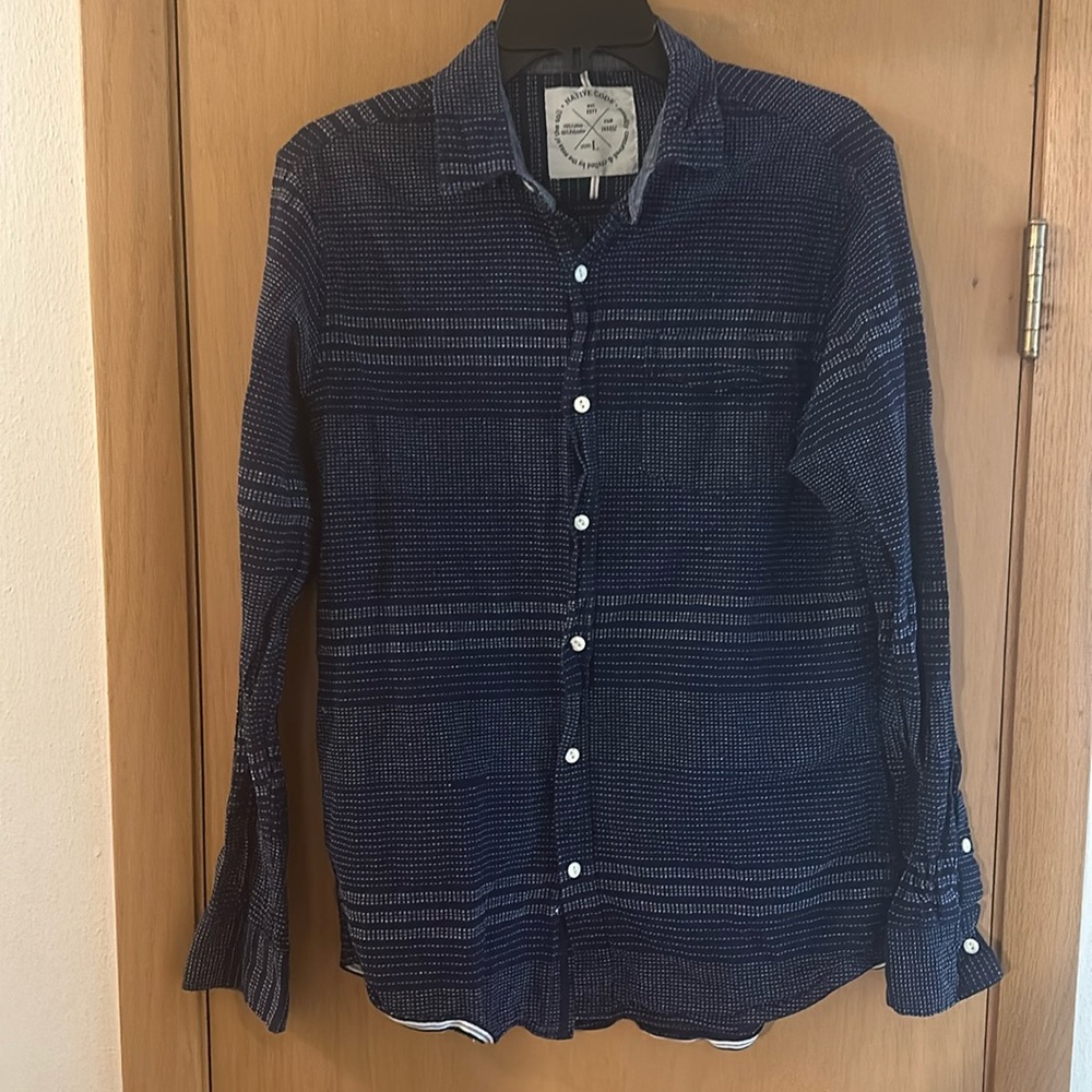 Native Code Men’s Striped Woven Button Down Shirt Navy Blue Size Large
